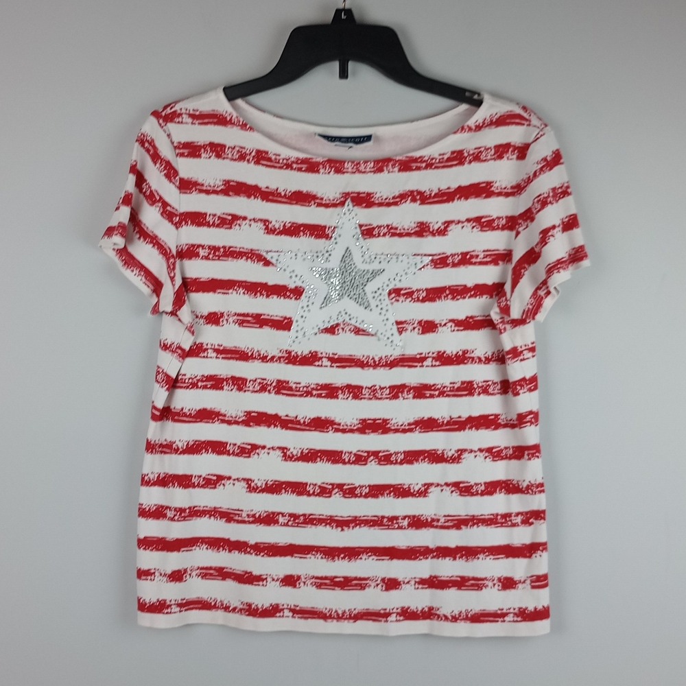 Karen Scott Womens L Red White Striped Star Embellished Patriotic T-Shirt